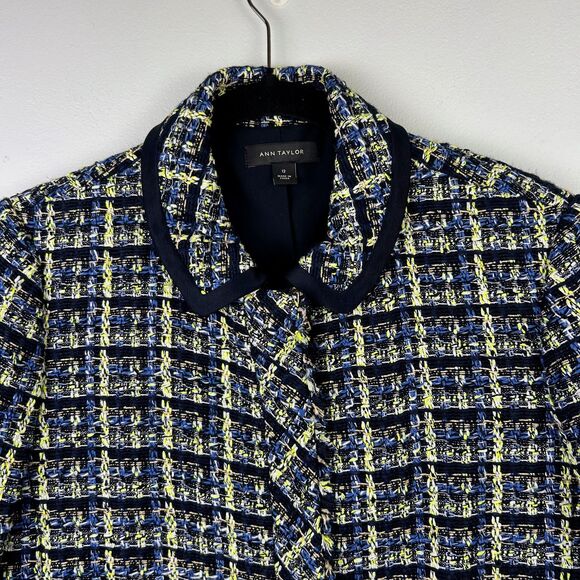 Ann Taylor Tweed Blazer Jacket Blue Green Cream Plaid Zip Front Collared 12 EUC - Picture 4 of 15